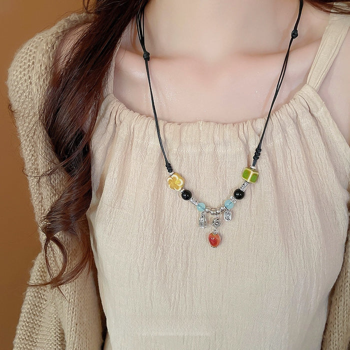 Vintage Chinese Style Floral Ceramic Alloy Clavicle Necklace For Women Ethnic Zen Pendant Jewelry