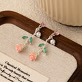 Elegant French Romantic Pink Rose Flower Pearl Zircon Enamel Green Leaf Alloy Dangle Stud Earrings view 2