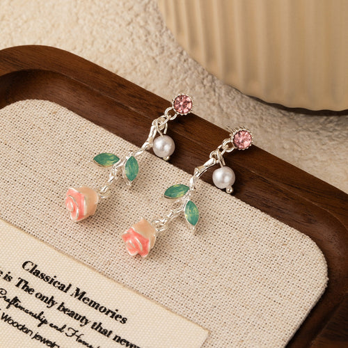 Elegant French Romantic Pink Rose Flower Pearl Zircon Enamel Green Leaf Alloy Dangle Stud Earrings