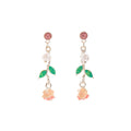 Elegant French Romantic Pink Rose Flower Pearl Zircon Enamel Green Leaf Alloy Dangle Stud Earrings view 5
