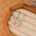 Elegant French Romantic Pink Rose Flower Pearl Zircon Enamel Green Leaf Alloy Dangle Stud Earrings view 3