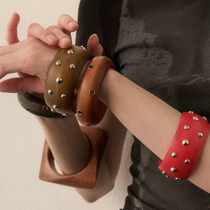 Vintage Wide Wooden Bangle Round Statement Fashion Bracelet For Women