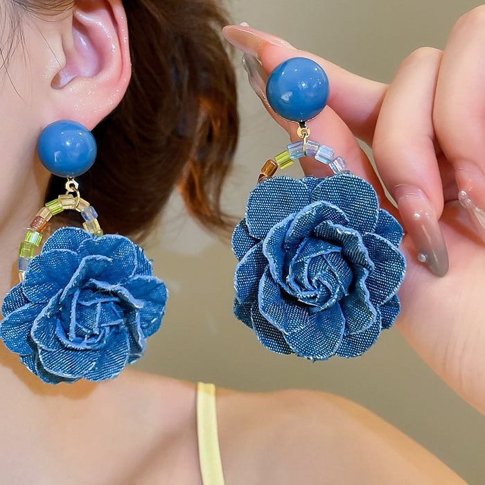 Elegant Denim Fabric Rose Pendant Drop Earrings For Women Sweet Floral Versatile Fashion Jewelry