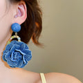 Elegant Denim Fabric Rose Pendant Drop Earrings For Women Sweet Floral Versatile Fashion Jewelry view 3