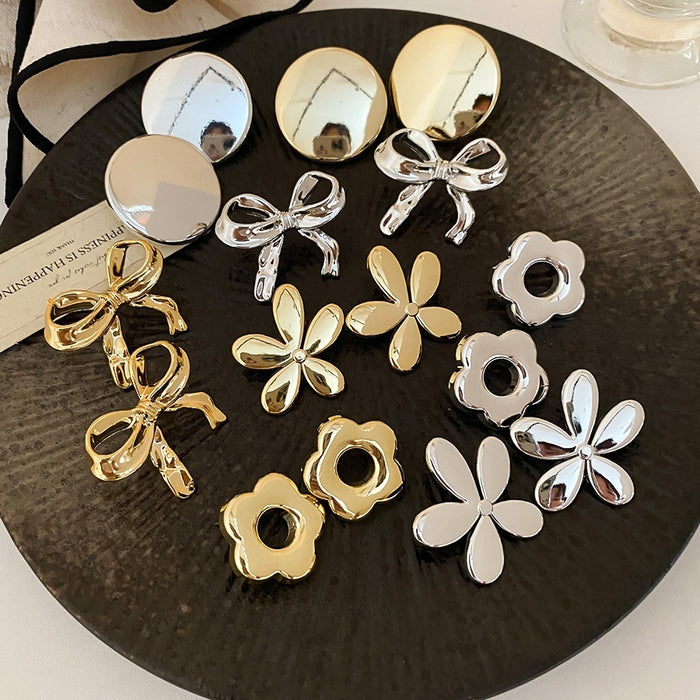 Glossy Metal Flower Bow Stud Earrings With Steel Posts European American Light Luxury Jewelry