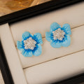 Elegant Blue Enamel Flower Pearl Rhinestone Stud Earrings For Women French Sweet Spring Summer Jewelry Earrings view 2