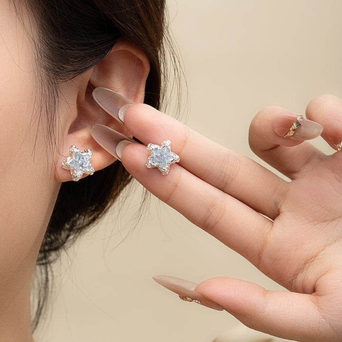 Elegant Korean Style Blue Crystal Star Stud Earrings With Silver Needle Zircon Rhinestone Sweet Fashion Earrings