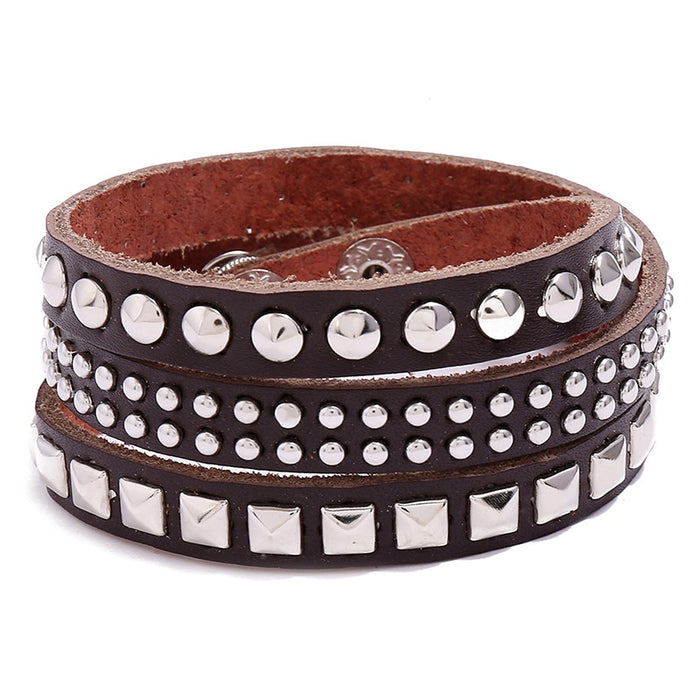 New European American Men's Punk Three Wrap Rivet Cowhide Leather Bracelet Biker Accessory