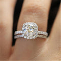 White Gold Cushion Halo Clear Stone Double Band Ring Set view 4