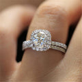 White Gold Cushion Halo Clear Stone Double Band Ring Set view 1