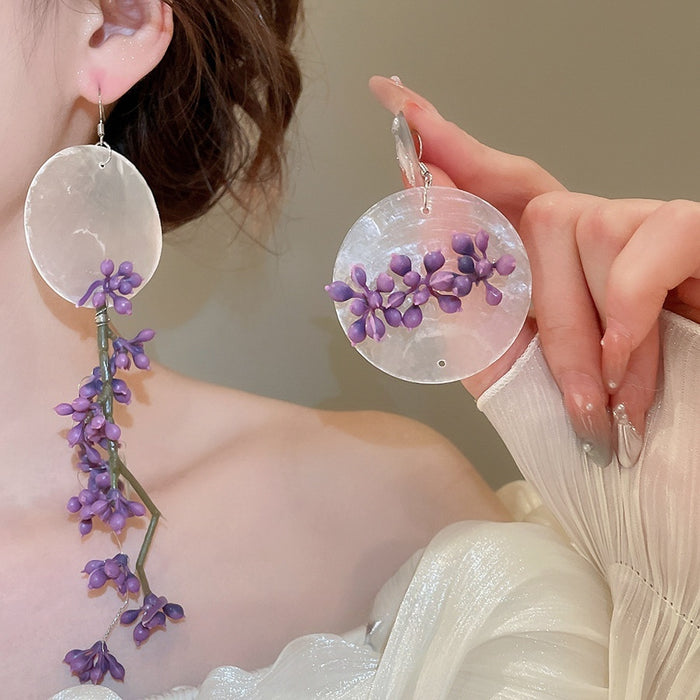 Chic Asymmetric Shell Bauhinia Flower Tassel Drop Earrings With Geometric Round Charm