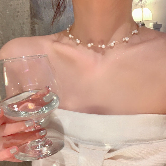 Double Layer Irregular Faux Pearl Choker Necklace Korean Light Luxury Geometric Collarbone Chain