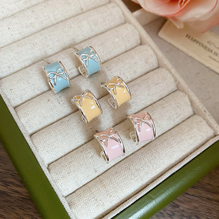 Sweet Copper Bow C Shape Stud Earrings With Enamel Drip Oil Fresh Elegant Niche Style
