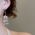 Light Luxury Glass Square Pendant Drop Earrings With Rhinestone Silver Pins view 3