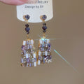 Light Luxury Glass Square Pendant Drop Earrings With Rhinestone Silver Pins view 4