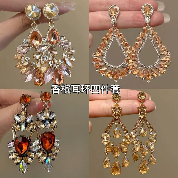 Light Luxury Alloy Rhinestone Hollow Geometric Teardrop Tassel Drop Earrings For Women