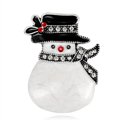 Front product view of the christmas snowman brooch pin in silver and black