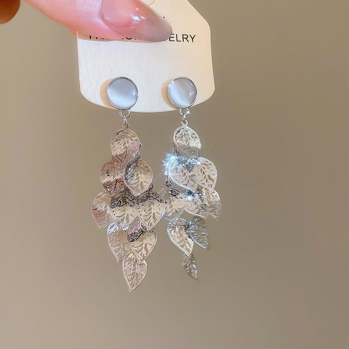 Chic Alloy Cat Eye Stone Leaf Round Tassel Drop Earrings For Women