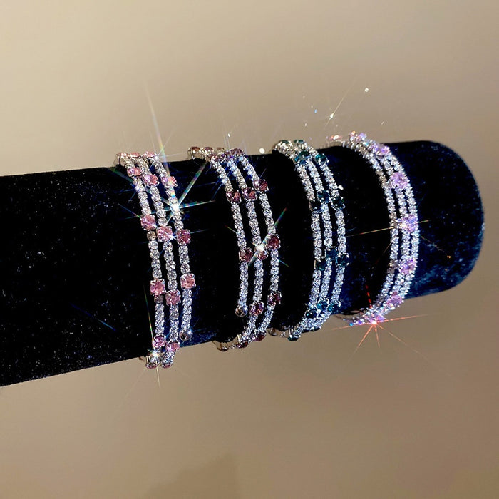 Light Luxury Copper Zircon Three Layer Wrap Open Bangle With Round Square Design