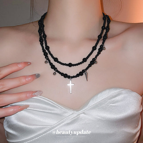 Y2K Glass Beaded Cross Pendant Necklace Dark Gothic Geometric Clavicle Jewelry