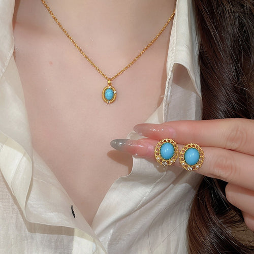 French Vintage Oval Turquoise Zircon Pendant Necklace Earrings Jewelry Set