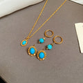 French Vintage Oval Turquoise Zircon Pendant Necklace Earrings Jewelry Set view 1