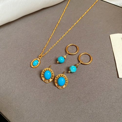 French Vintage Oval Turquoise Zircon Pendant Necklace Earrings Jewelry Set