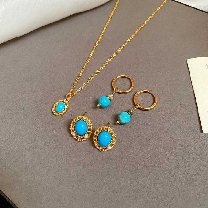 French Vintage Oval Turquoise Zircon Pendant Necklace Earrings Jewelry Set