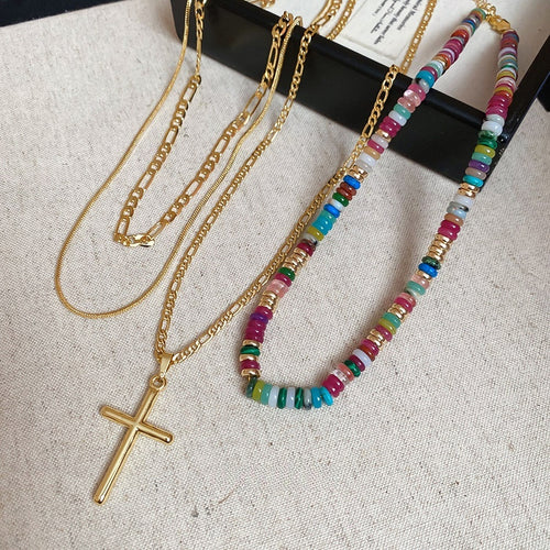 18K Gold Plated Copper Cross Beaded Multilayer Choker Necklace For Women