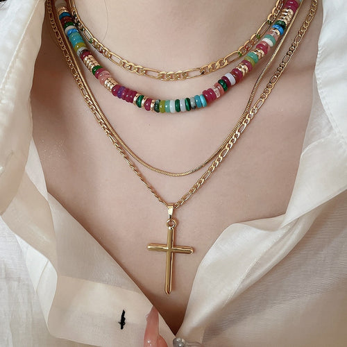 18K Gold Plated Copper Cross Beaded Multilayer Choker Necklace For Women
