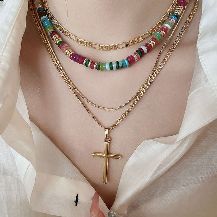 18K Gold Plated Copper Cross Beaded Multilayer Choker Necklace For Women
