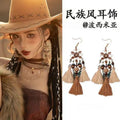 Vintage Ethnic Wood Bead Flower Feather Tassel Drop Earrings Geometric Boho Ear Hook Jewelry for Women view 4