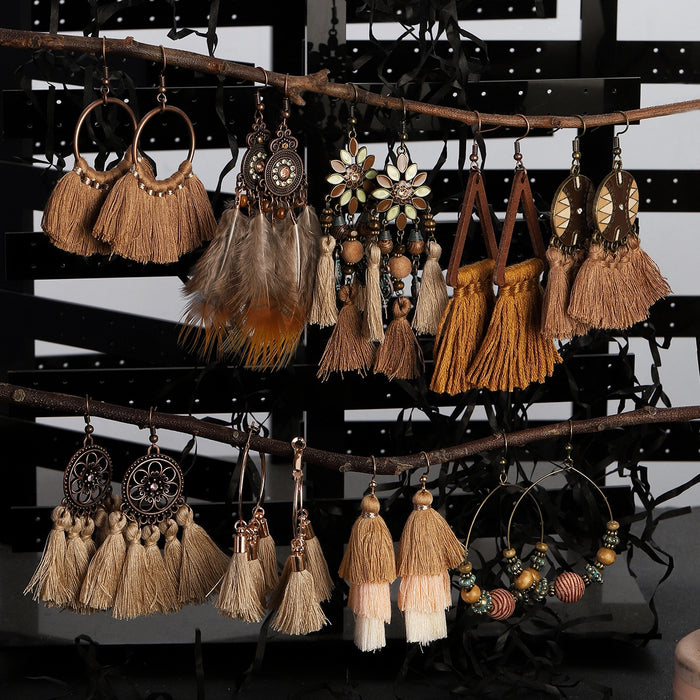 Vintage Ethnic Wood Bead Flower Feather Tassel Drop Earrings Geometric Boho Ear Hook Jewelry for Women