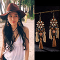 Vintage Ethnic Wood Bead Flower Feather Tassel Drop Earrings Geometric Boho Ear Hook Jewelry for Women view 3