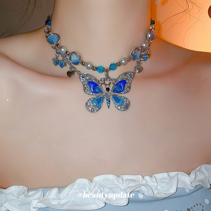 Light Luxury Glass Pearl Butterfly Round Pendant Necklace With Rhinestone Inlay Choker