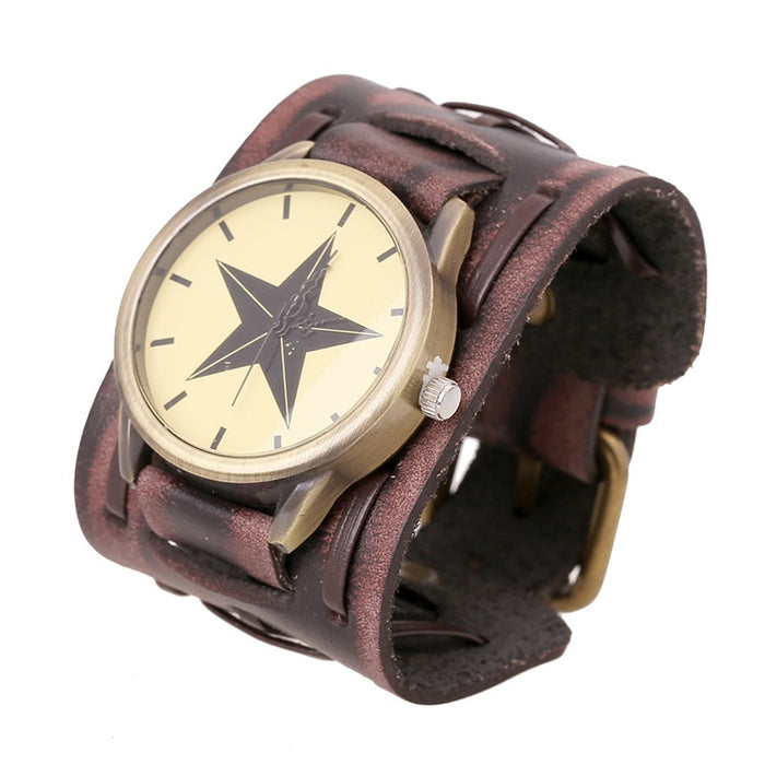 European American Punk Vintage Men's Cowhide Watch, Wide Leather Bracelet Wristband Accessory