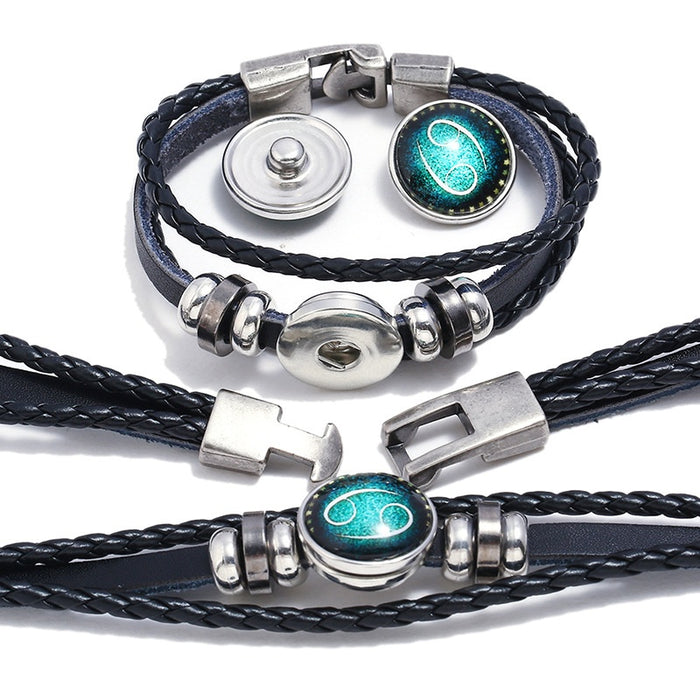 Vintage Handmade Braided Genuine Leather Beaded Bracelet With 12 Zodiac Time Gem Charm