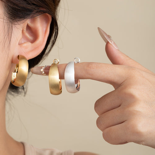 Elegant Wide Edge Alloy Hoop Stud Earrings For Women, Minimalist Brushed Metal Geometric Round Earrings