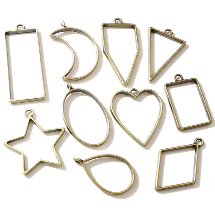 Antique Bronze Zinc Alloy Hollow Frame Heart Teardrop Geometric Resin Bezel Earring Pendant Earrings