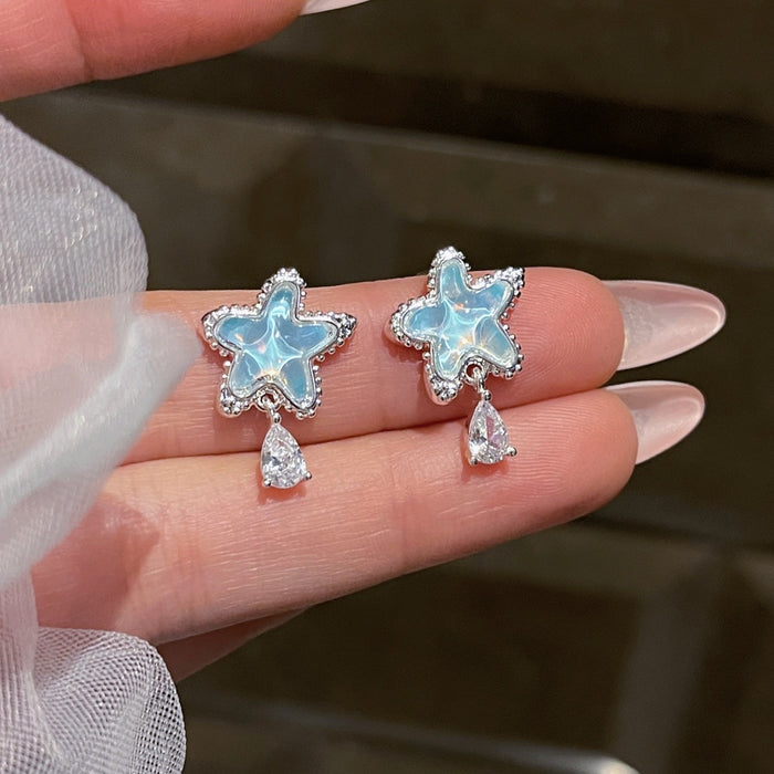Rhinestone Resin Star Waterdrop Tassel Drop Earrings With Silver Pins, Fresh Sweet Light Luxury Style