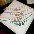 Light Luxury Copper Colorful Zircon Flower Teardrop Tassel Necklace Earrings Jewelry Set view 3
