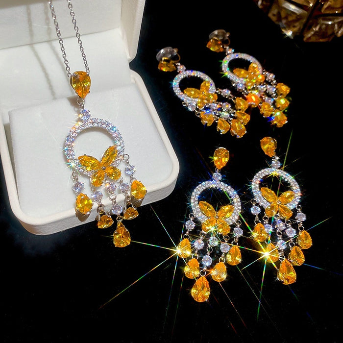 Light Luxury Copper Butterfly Rhinestone Waterdrop Tassel Drop Earrings And Collarbone Necklace