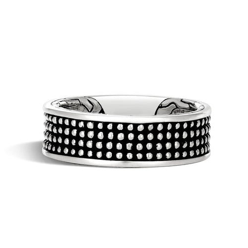 Silver And Black-Tone Dotted Wide Band Ring With Textured Rows shown in angled product view