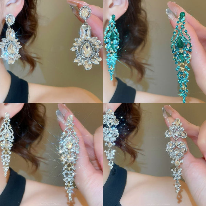 Light Luxury Alloy Zircon Teardrop Tassel Drop Earrings For Women Geometric Long Statement Style