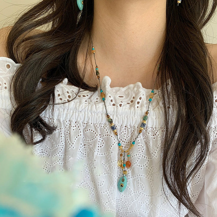 Colorful Turquoise Oval Pendant Copper Necklace Vacation Style Geometric Clavicle Jewelry