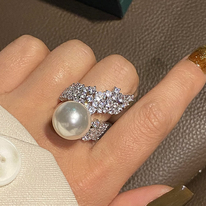 Korean French Imitation Pearl Floral Ring, Elegant Noble Evening Dress Jewelry Accessory
