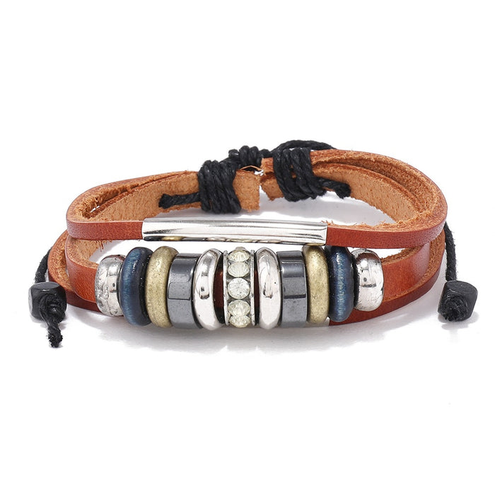 Punk Multi Layer Beaded Cowhide Leather Bracelet Adjustable Vintage Bracelet For Men And Women