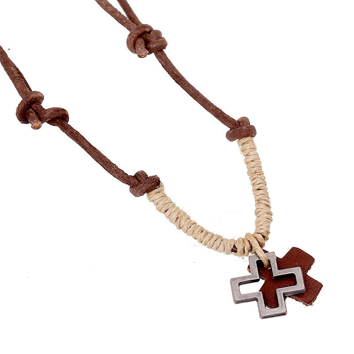 Vintage Round Cowhide Leather Necklace With Hemp Rope, Handmade European Style Pendant Jewelry