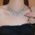 Light Luxury Zircon Round Flower Tassel Necklace And Earrings Jewelry Set view 2
