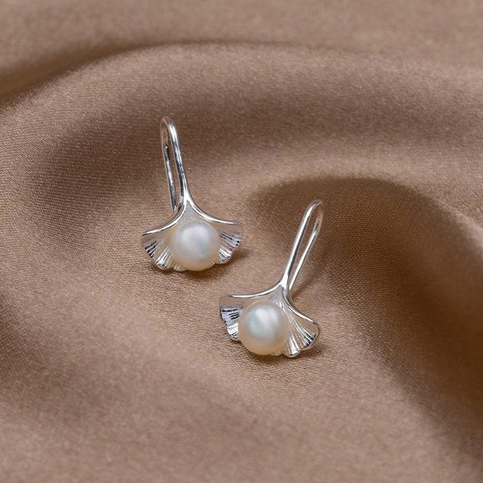 Faux Pearl Ginkgo Leaf Stud Earrings For Women, French Elegant Delicate Fashion Jewelry